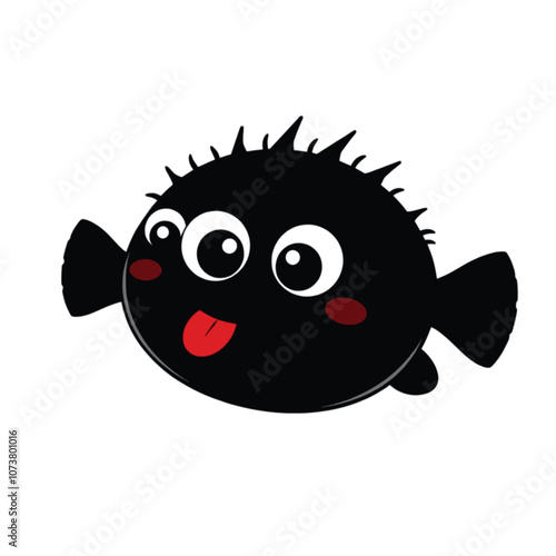 a cartoon illustration of a black pufferfish with big, round eyes and a red tongue sticking out