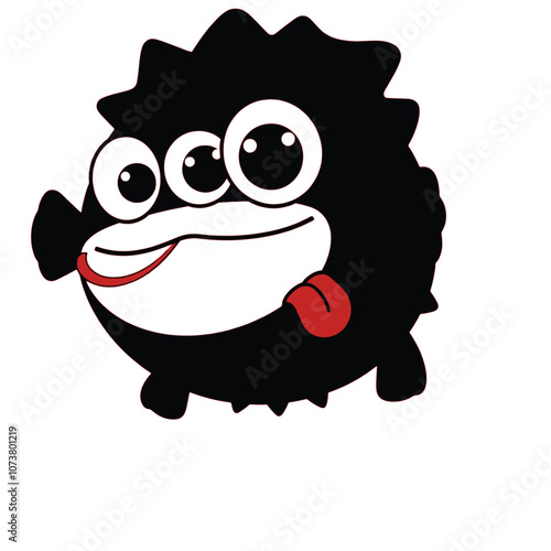 a cartoon illustration of a black pufferfish with big, round eyes and a red tongue sticking out