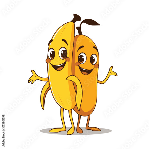 A funny cartoon banana and mango character standing side by side in a playful pose