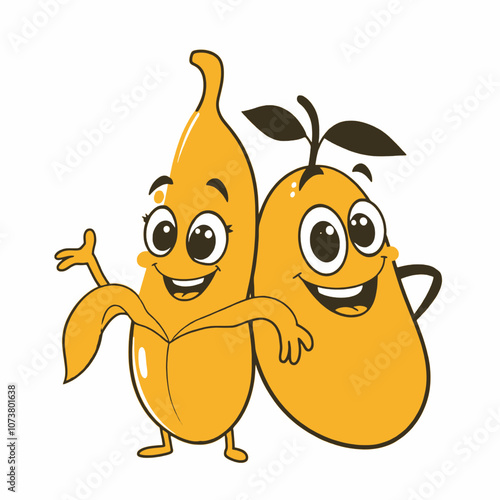 A funny cartoon banana and mango character standing side by side in a playful pose