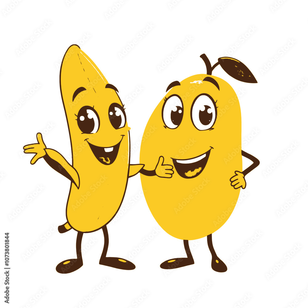 A funny cartoon banana and mango character standing side by side in a playful pose A funny cartoon banana and mango character standing side by side in a playful pose