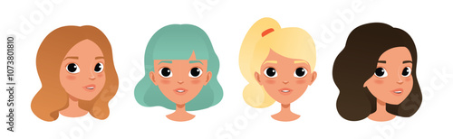 Woman Smiling Face Head with Different Hairstyle Vector Set