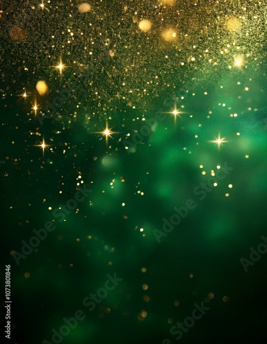 green background with gold glitter bokeh giving Christmas luxury vibes with copy space