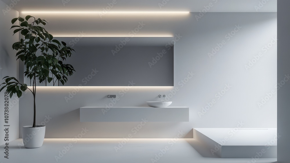 Fototapeta premium A modern, minimalist bathroom featuring sleek fixtures, a spacious layout, soft lighting, and a decorative plant enhancing the tranquil atmosphere.