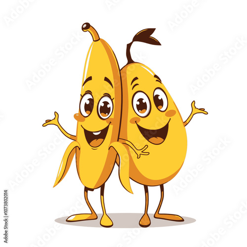 A funny cartoon banana and mango character standing side by side in a playful pose