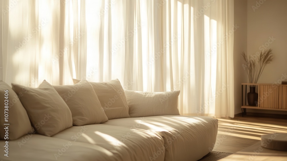 Fototapeta premium A cozy living room with a light-colored sofa, soft cushions, and flowing curtains, bathed in warm sunlight.