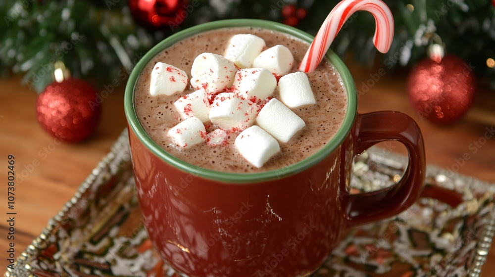 Festive hot chocolate with marshmallows and a candy cane stirrer, styled with red and green holiday decorations Festive hot chocolate with marshmallows and a candy cane stirrer, styled with red and green holiday decorations