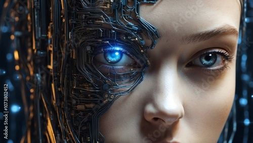 Close-Up of a Person's Face Surrounded by Microchips and Digital Network Code, Symbolizing the Future of Artificial Intelligence