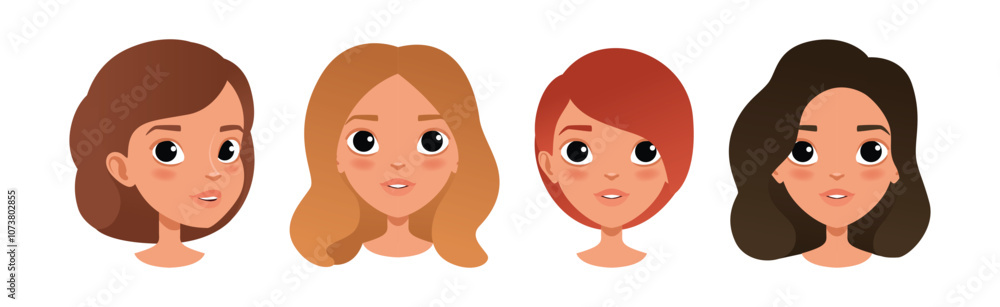 Woman Smiling Face Head with Different Hairstyle Vector Set Woman Smiling Face Head with Different Hairstyle Vector Set
