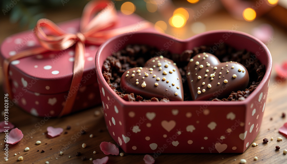 Celebrate Chocolate Day with heart-shaped treats in a beautifully adorned gift box, perfect for sharing love and sweetness Celebrate Chocolate Day with heart-shaped treats in a beautifully adorned gift box, perfect for sharing love and sweetness
