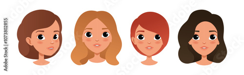 Woman Smiling Face Head with Different Hairstyle Vector Set