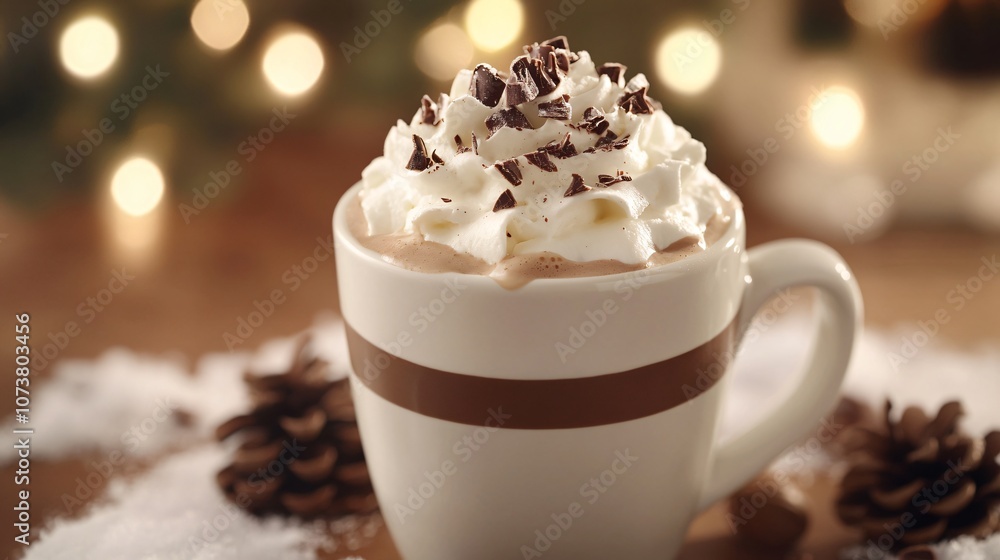 Hot cocoa with a generous topping of whipped cream, garnished with chocolate shavings and surrounded by snowy decor Hot cocoa with a generous topping of whipped cream, garnished with chocolate shavings and surrounded by snowy decor