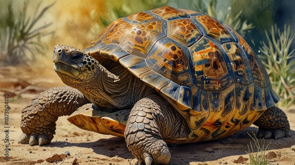 A majestic Hermann's tortoise basking in the warm sun, its intricate shell adorned with vibrant patterns and colors, captured in a stunning watercolor rendering.
A majestic Hermann's tortoise basking in the warm sun, its intricate shell adorned with vibrant patterns and colors, captured in a stunning watercolor rendering.