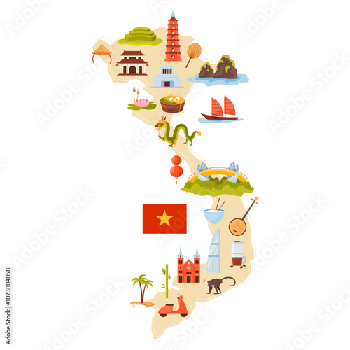 Vietnamese culture elements and flag of country, famous landmarks and food on Vietnam infographic map. Golden Bridge and temples, boat and sea landscape, national symbols cartoon vector illustration