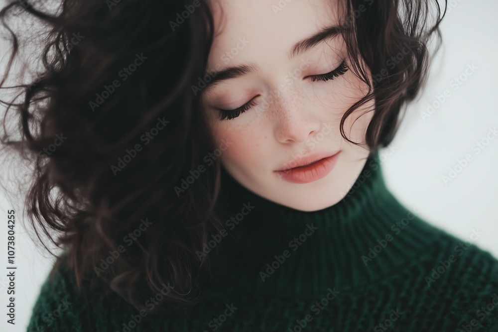 woman wearing a dark green cozy sweater, with the wind blowing through her hair woman wearing a dark green cozy sweater, with the wind blowing through her hair
