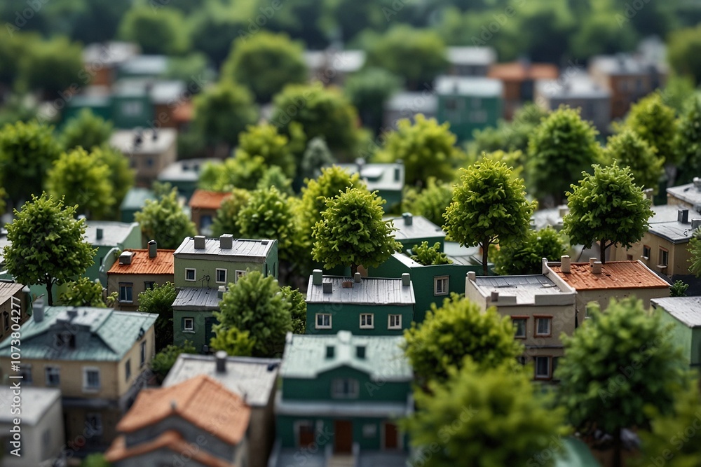 Fototapeta premium Green Trees and Plants on Rooftops in the Metropolis: Multi-Level Urban Greening and Ecological Initiative