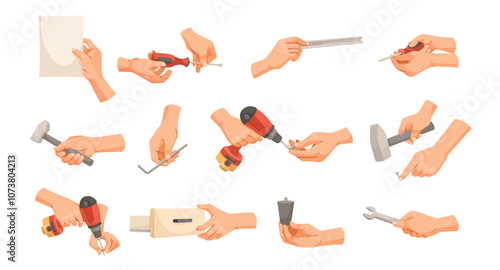 A collection of hands using different tools on a plain background. Vector illustration