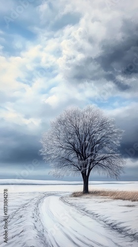 A solitary tree stands on a snowy landscape under a dramatic sky, creating a serene winter scene with contrasting colors and textures.