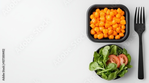 Healthy Meal Prep with Colorful Vegetables and Fresh Greens in Takeaway Containers on a Clean White Background Ready for Enjoyment photo