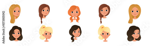 Woman Smiling Face Head with Different Hairstyle Vector Set