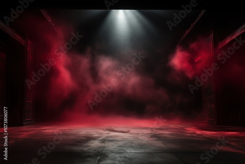 Dark stage shows, empty dark background with red and white spotlights, Studio room with smoke float up the interior texture for display products