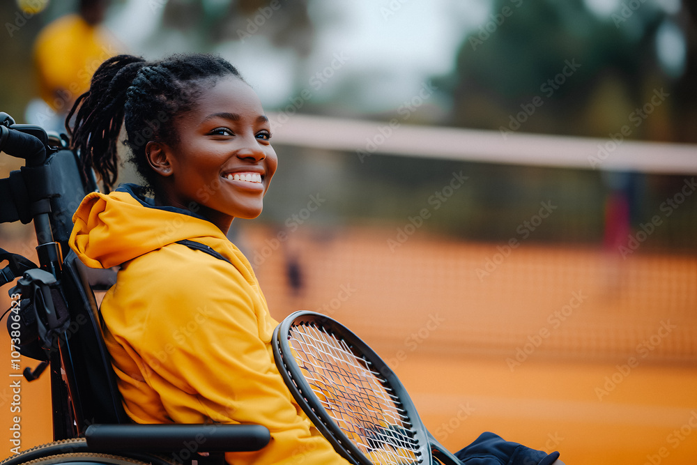 Obraz premium Jeune femme noire dans un fauteuil roulant tenant une raquette de tennis