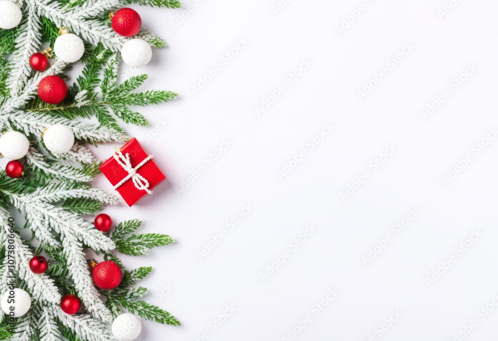 Christmas background with fir tree branches, red and white balls and gift box. Top view with copy space Christmas background with fir tree branches, red and white balls and gift box. Top view with copy space