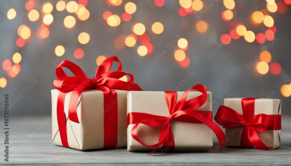 Gift boxes with red ribbons on bokeh lights background Gift boxes with red ribbons on bokeh lights background