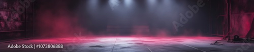 Empty Stage, Podium with Red Smoke and Spotlights for Product Show. Modern Performance Space Background. Fogy Scene, Atmosphere. Presentation Platform