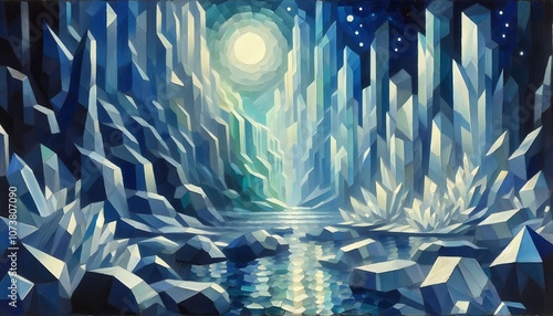 Moonlit Ice Cavern with Glowing Crystals and Frozen Waterfalls in Cubist Style