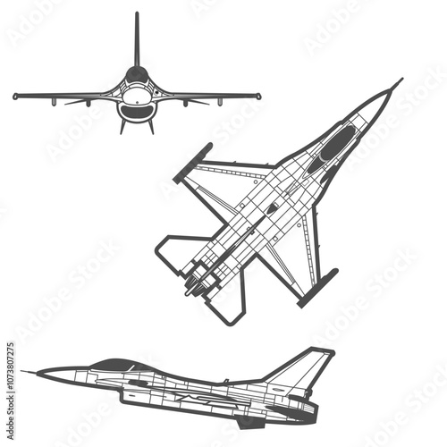 F-16 fighter jet dark gray outline, three models from opposite sides of the icon.