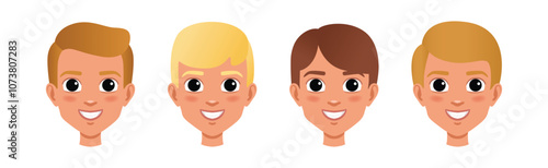 Young Man Smiling Face Head with Different Hairstyle Vector Set