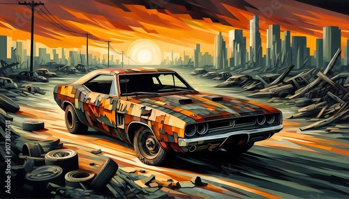 Vintage muscle car amidst a post-apocalyptic landscape, featuring deconstructed body panels and dramatic sunset lighting in a cubist abstract digital art illustration. photo