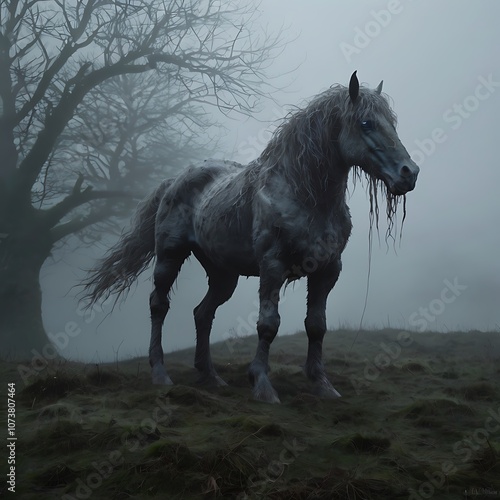 A Púca creature emerging from the fog in a wild Irish countryside.Celtic Mythology  Folklore Illustrations photo