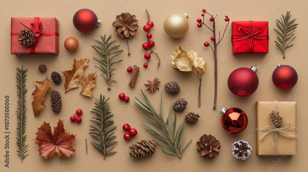 Composición con objetos para decoración navideña, motivos navideños Composición con objetos para decoración navideña, motivos navideños