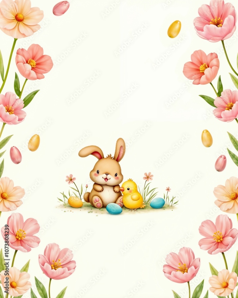 Cute bunny and chick with Easter eggs surrounded by spring flowers on empty background with copy space Cute bunny and chick with Easter eggs surrounded by spring flowers on empty background with copy space