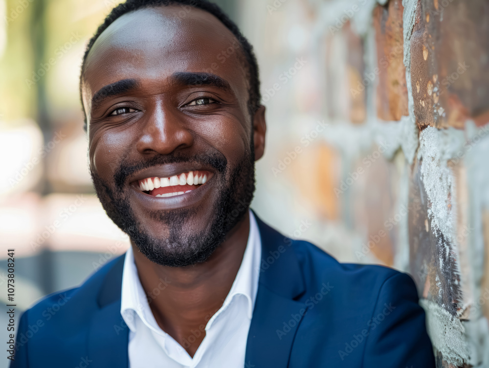 Young professional smiling leaning against brick wall Young professional smiling leaning against brick wall