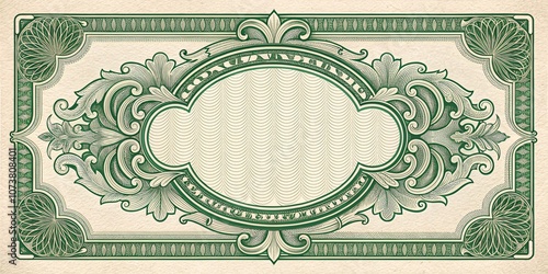 19th-Century Bank note, Financial Bank Note, Money and Funds in Ornate Green Monochrome with Intricate Scrollwork Portrait V1