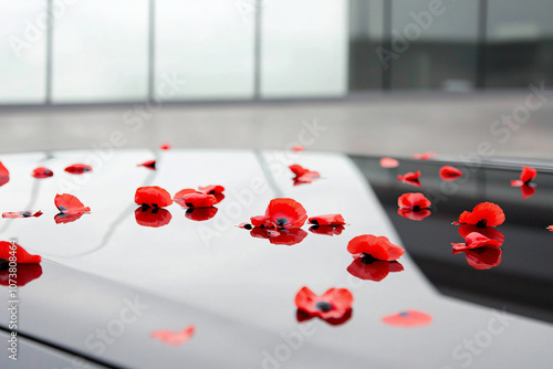 car hood with red poppies scattered across photo