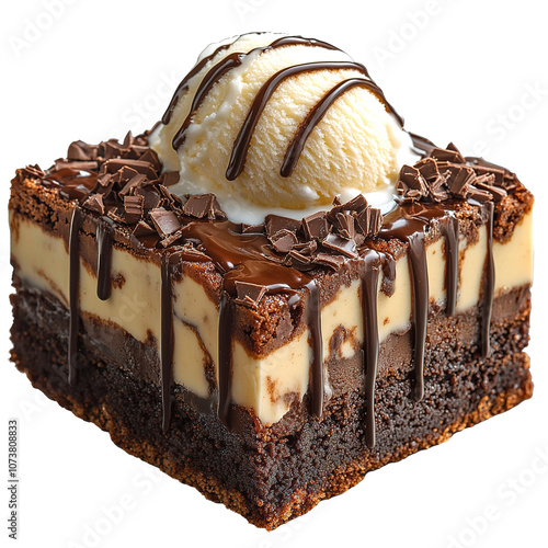 A square brownie with fudge drizzle and vanilla ice cream on top, no background, high-resolution photograph photo