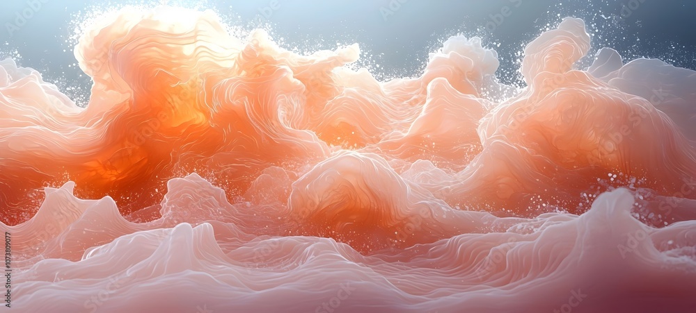 A serene and dreamy landscape featuring flowing waves in hues of orange and cream, creating a sense of tranquility and motion in an ethereal atmosphere. A serene and dreamy landscape featuring flowing waves in hues of orange and cream, creating a sense of tranquility and motion in an ethereal atmosphere.