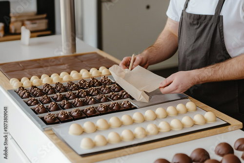 street vendor wrapping artisanal chocolates in paper photo