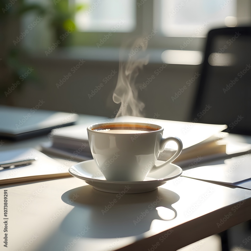 A steaming cup of coffee sits on a notebook beside a notepad and pen in a bright workspace during the morning hours A steaming cup of coffee sits on a notebook beside a notepad and pen in a bright workspace during the morning hours