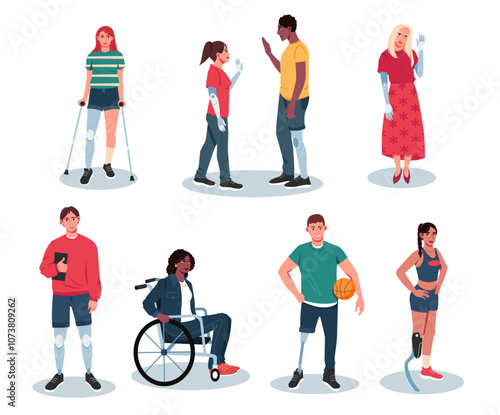A collection of diverse characters with prosthetics engaging in daily life. Vector illustration