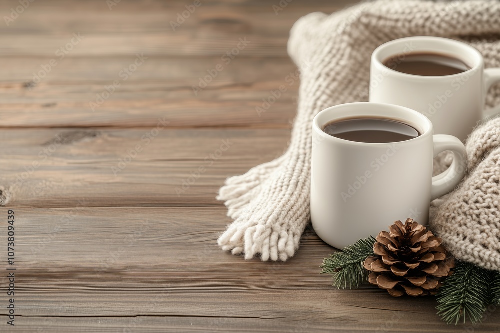cozy winter setup with coffee mugs, pine cones, and a warm scarf on a rustic wooden table cozy winter setup with coffee mugs, pine cones, and a warm scarf on a rustic wooden table