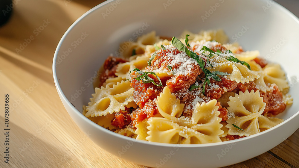 Delicious pasta with tomato sauce and herbs, perfect for cozy meal Delicious pasta with tomato sauce and herbs, perfect for cozy meal