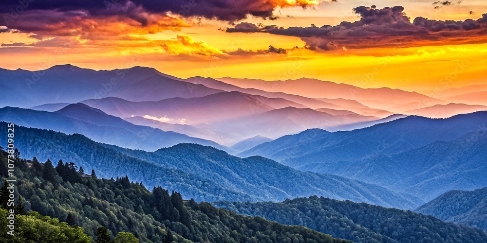 Obraz premium Golden Twilight Over Majestic Peaks Layered Purple Mountains and Silhouetted Forests in a Misty, Hazy Horizon V4