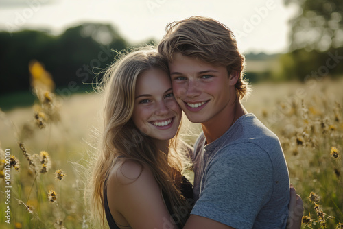 Young couple sharing a joyful moment together in a sunlit field during summer. Generative AI