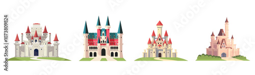 A collection of distinct castle designs, flat graphic style, on a white background. Concept of fantasy architecture. Vector illustration