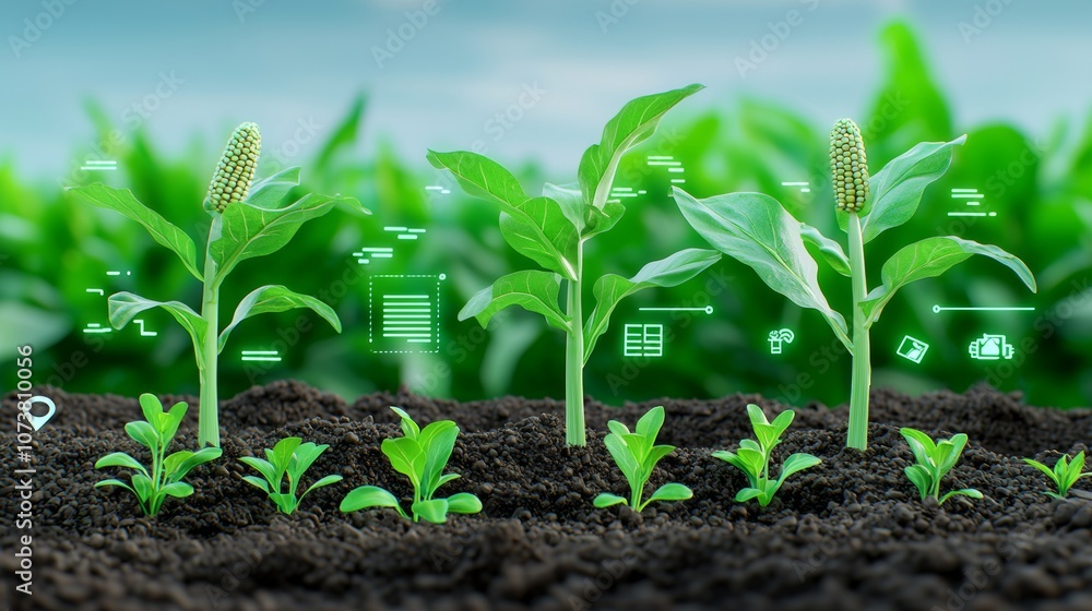 With the growth of corn seedlings accompanied by an infographic highlighting smart farming and precision agriculture, smart farming is illustrated With the growth of corn seedlings accompanied by an infographic highlighting smart farming and precision agriculture, smart farming is illustrated